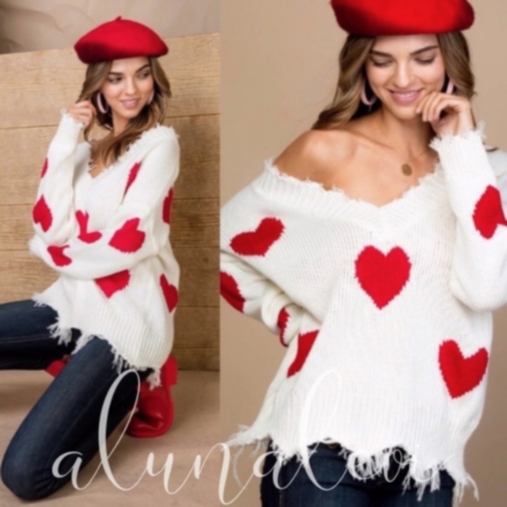 Cozy Red Heart Frayed V neck Sweater Top - Picture 2 of 3